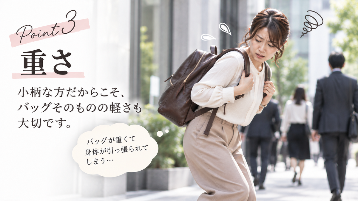 Point 3：重さ｜小柄な方だからこそ、バッグそのものの軽さも大切